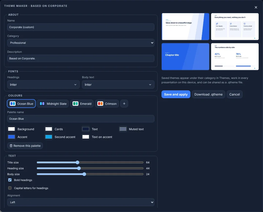 The Qards theme maker: fonts, palettes, text sizes and a live preview